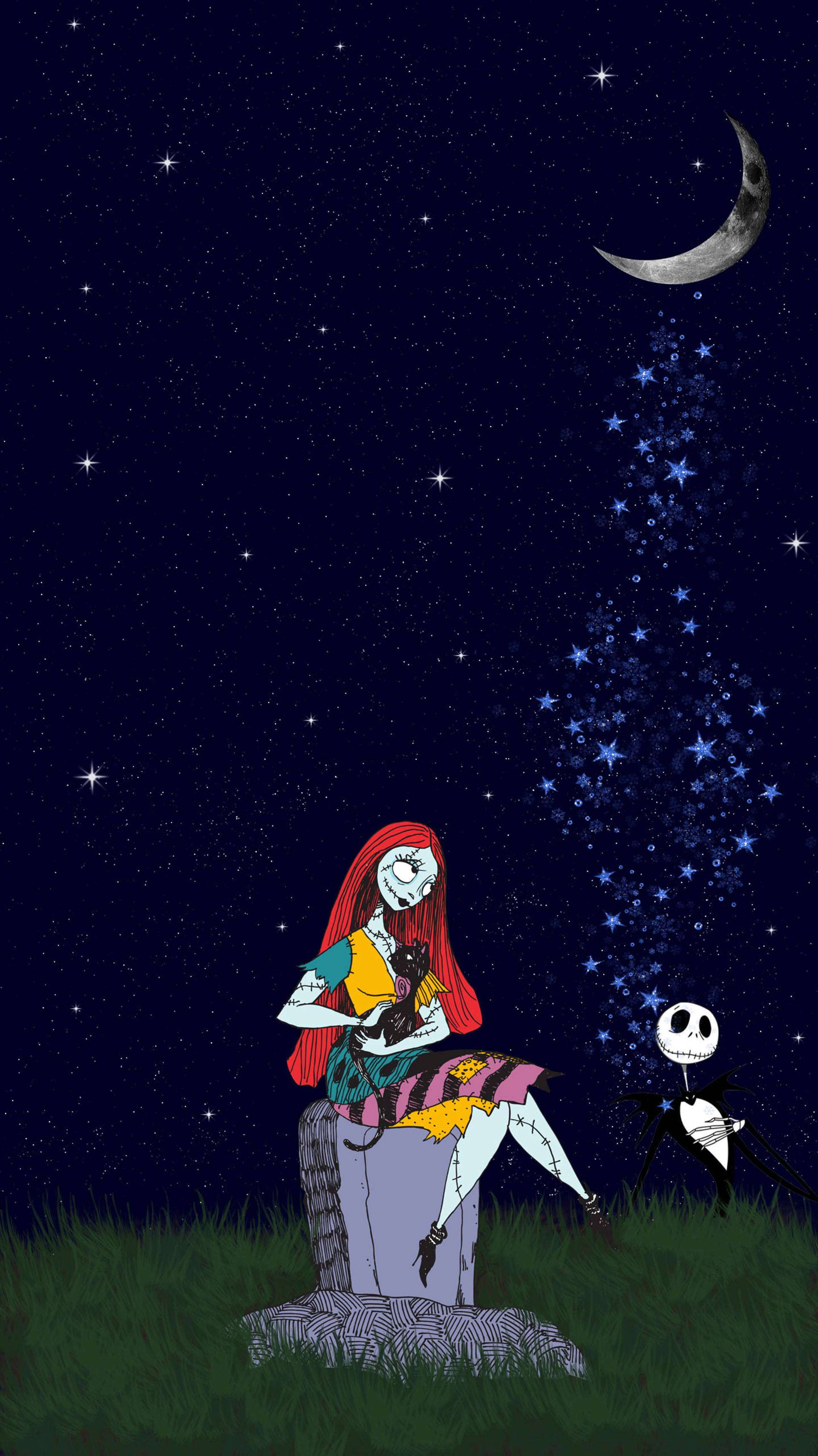 傑克與莎莉星夜 壁紙 — 骷髏情侶坐在墓碑上，背景是星空、新月和流星。