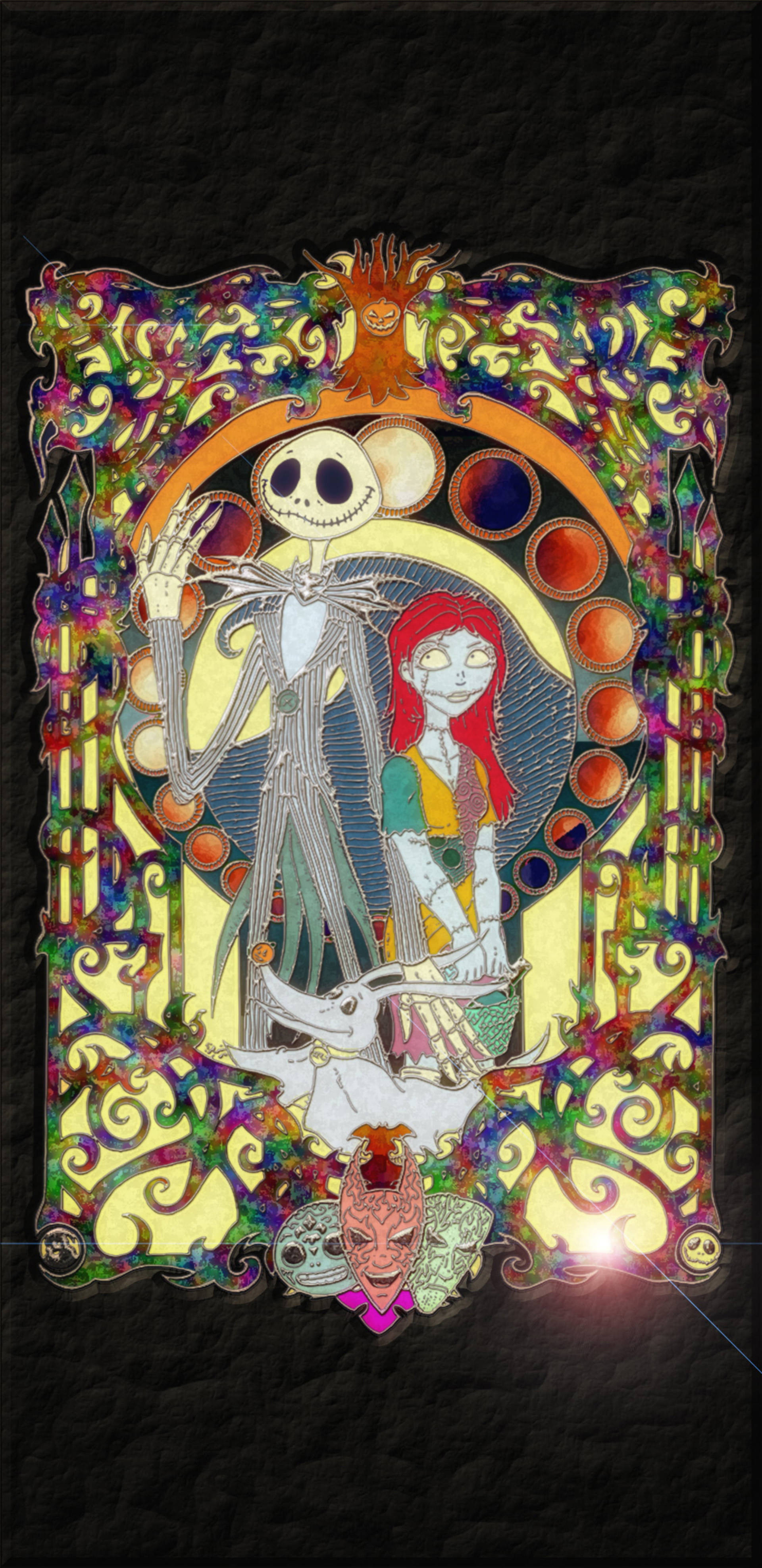 傑克與薩莉彩窗藝術 壁紙 — 一幅彩繪玻璃風格藝術作品，描繪傑克·史克林頓和莎莉，以華麗多彩圖案鑲嵌在深色背景上。