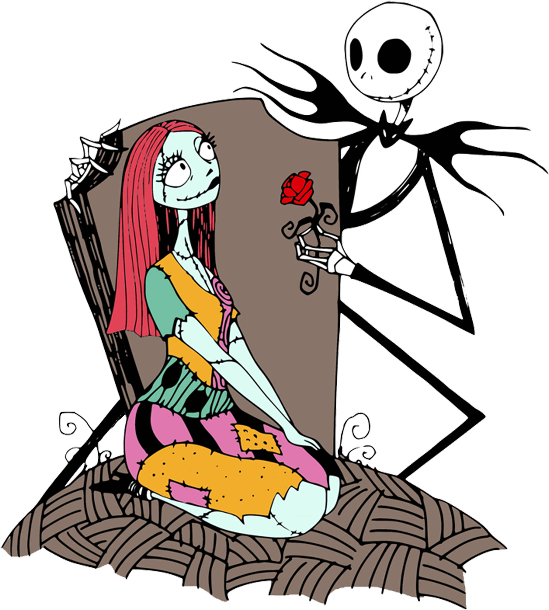 傑克與薩莉玫瑰 壁紙 — Jack Skellington 在一個奇特的萬聖節卡通場景中向 Sally 獻上一朵紅玫瑰。
