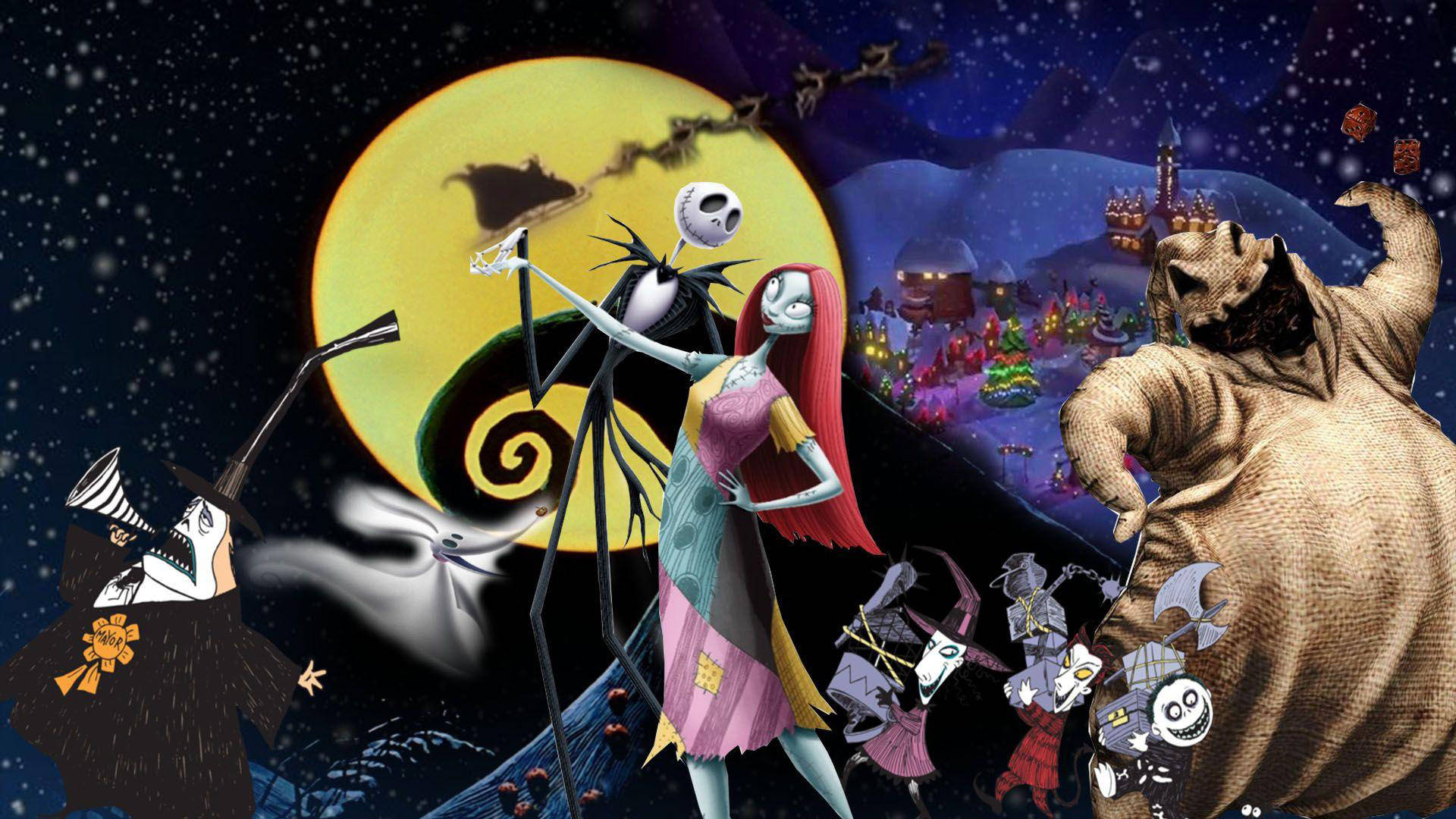 傑克與薩莉聖誕慶祝 壁紙 — Jack Skellington 和 Sally 站在一個巨大的黃色月亮前，在一個星夜下的奇幻萬聖節小鎮中。