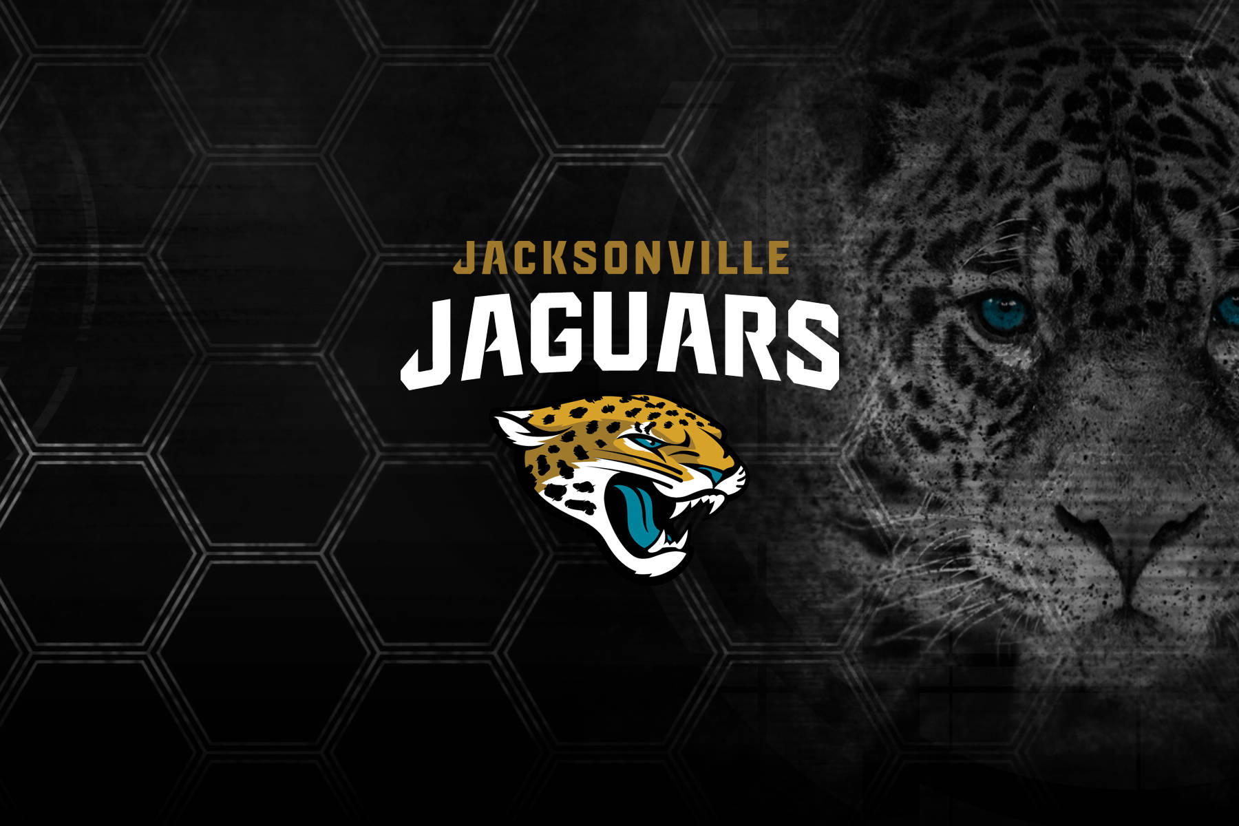 傑克遜維爾美洲虎隊動物壁紙 壁紙 — Jacksonville Jaguars 標誌，咆哮的美洲豹頭部，背景為深色六角形圖案。