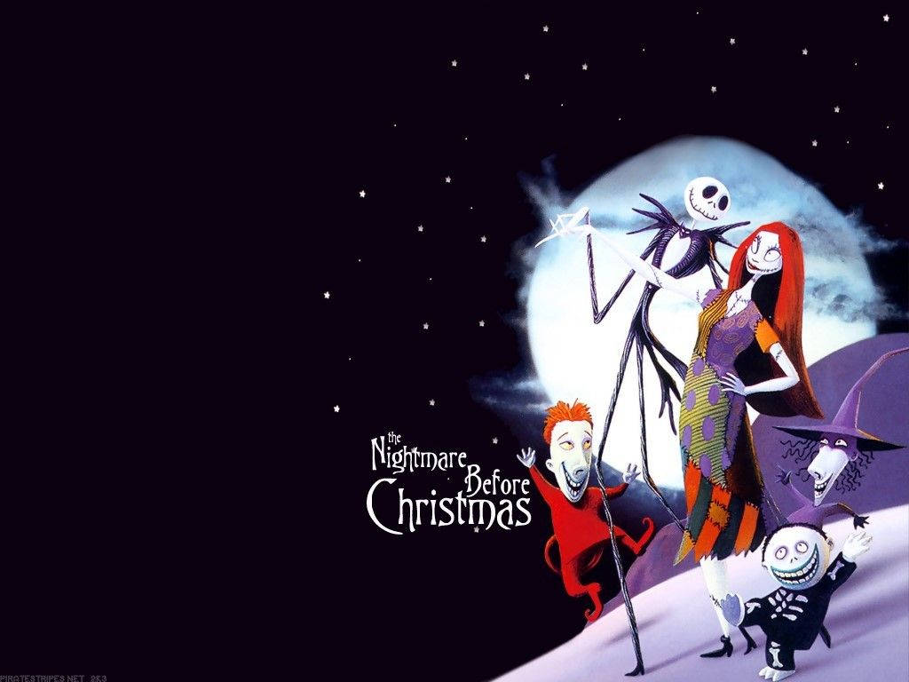 Jack Skellington 和 Sally 與 Zero 和市長在《聖誕夜驚魂》的滿月下。