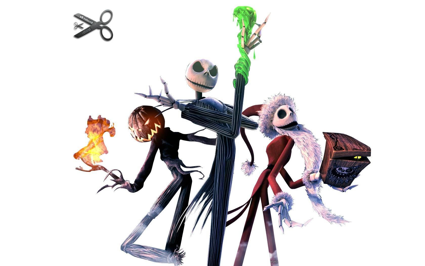 三個萬聖節角色 Jack Skellington、Sally 和 Zero，剪刀漂浮在上方。