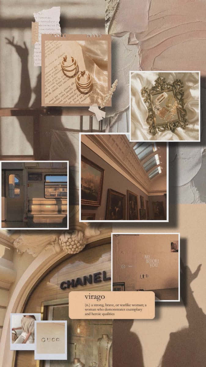 復古時尚拼貼畫，包含 Chanel 和 Gucci 標誌、香水瓶和華麗框架，採用溫暖的米色調。