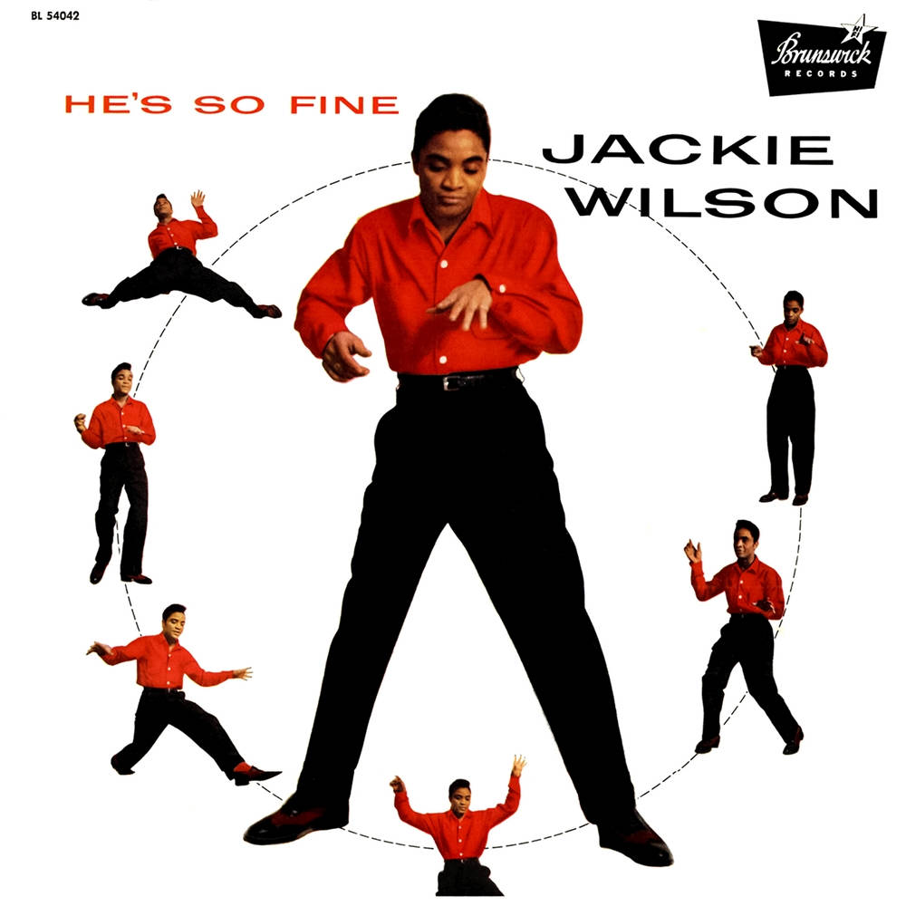 傑基·威爾遜美國歌手跳舞 壁紙 — Jackie Wilson 身穿大膽紅色襯衫，被多個跳舞姿勢環繞，背景為白色。