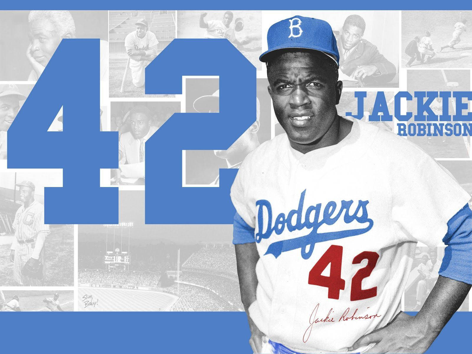 Jackie Robinson 身穿道奇隊球衣背號42，附有他棒球生涯的拼貼畫。