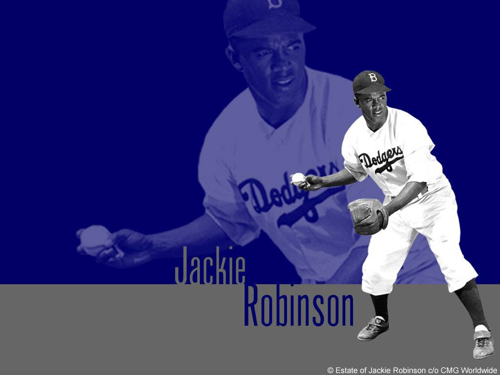Jackie Robinson 身穿道奇隊棒球球衣準備投球。