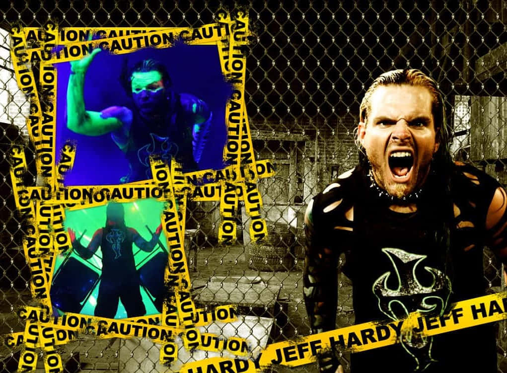 摔角手 Jeff Hardy 在鐵絲網後面，帶有警示膠帶和霓虹圖像。
