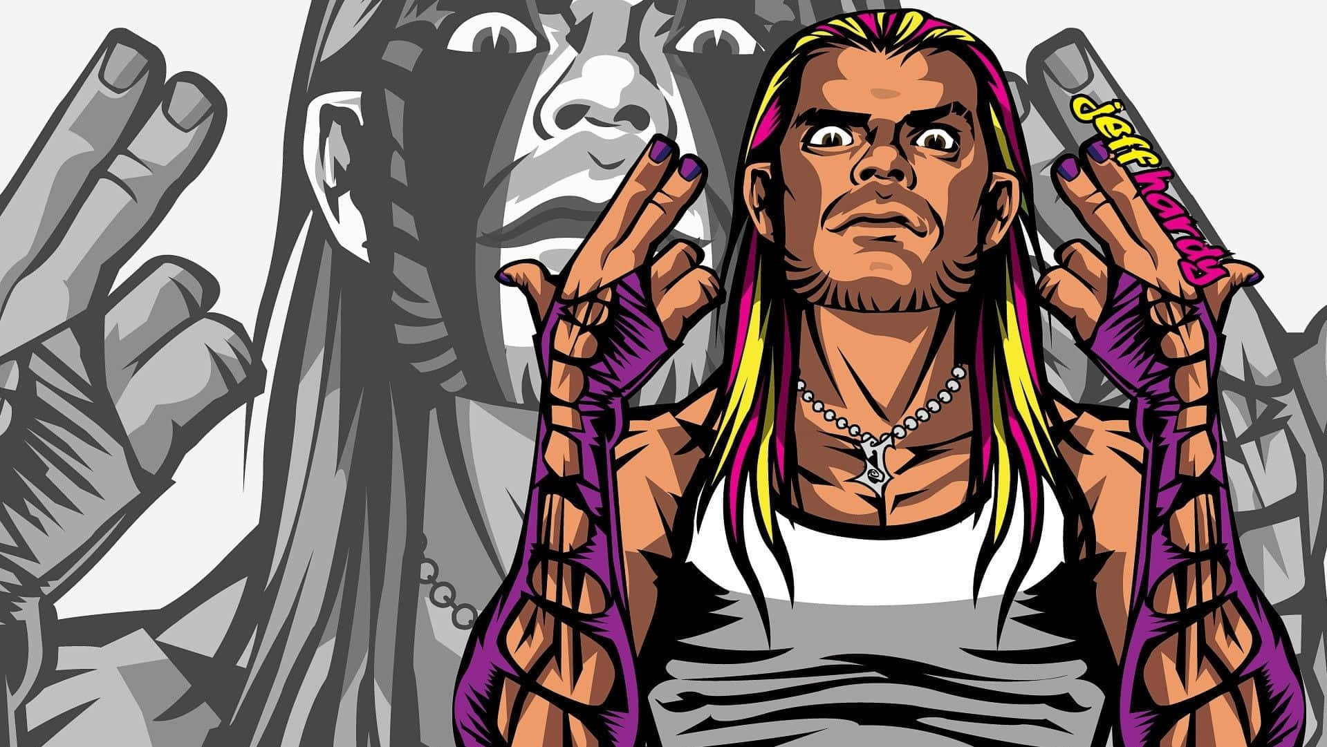 摔角手 Jeff Hardy 擁有色彩繽紛的頭髮和紫色腕帶，做出和平手勢。
