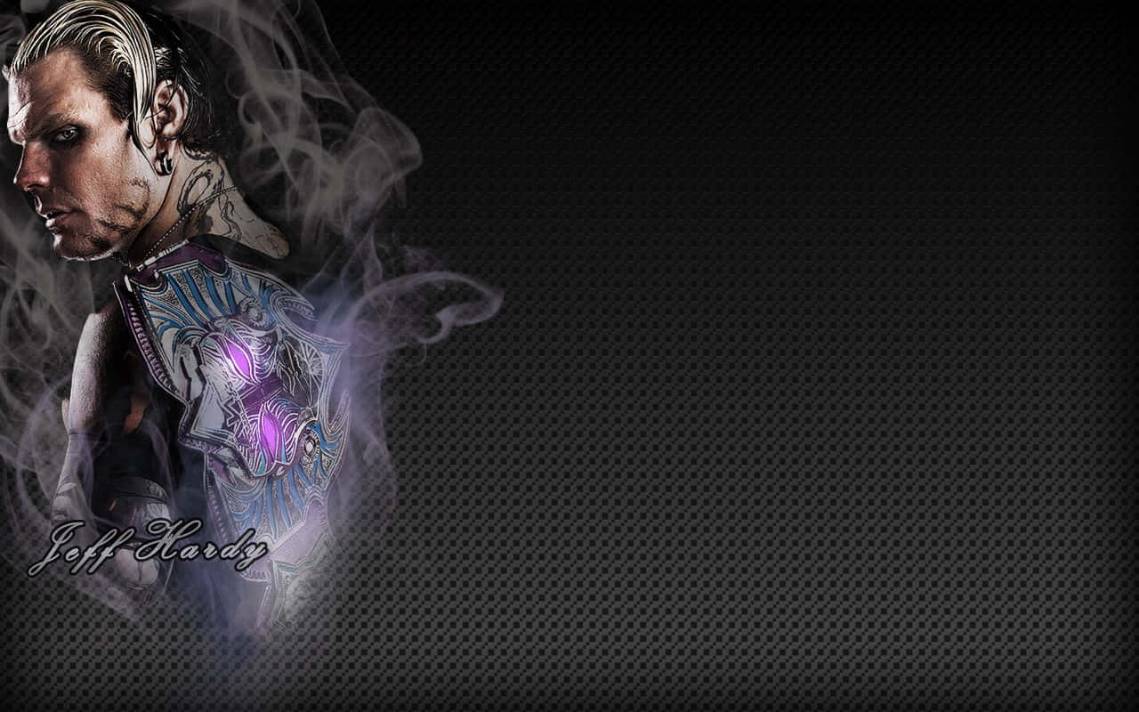 紋身摔角手，胸前有發光藝術圖案，被煙霧環繞，深色背景。