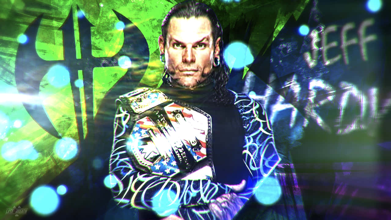 摔角手 Jeff Hardy 手持冠軍腰帶，背景為發光藍色球體和綠色。
