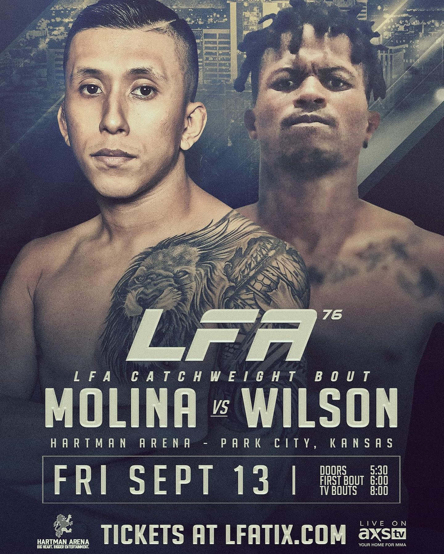 LFA 76 MMA比賽（Molina對Wilson）在Hartman Arena的宣傳海報。