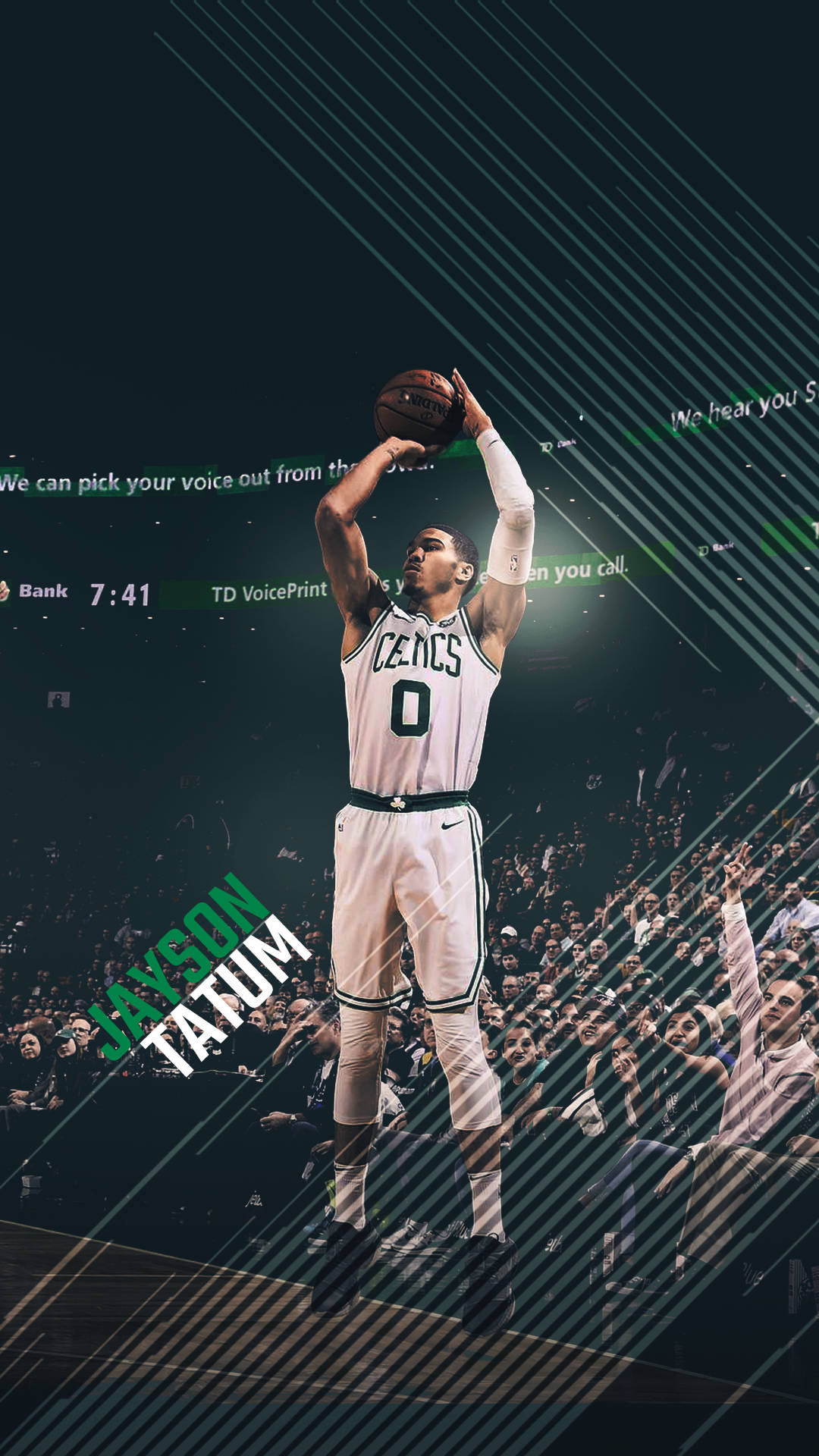 Jayson Tatum 在塞爾特人比賽中投籃，帶有數碼圖形和歡呼的人群。