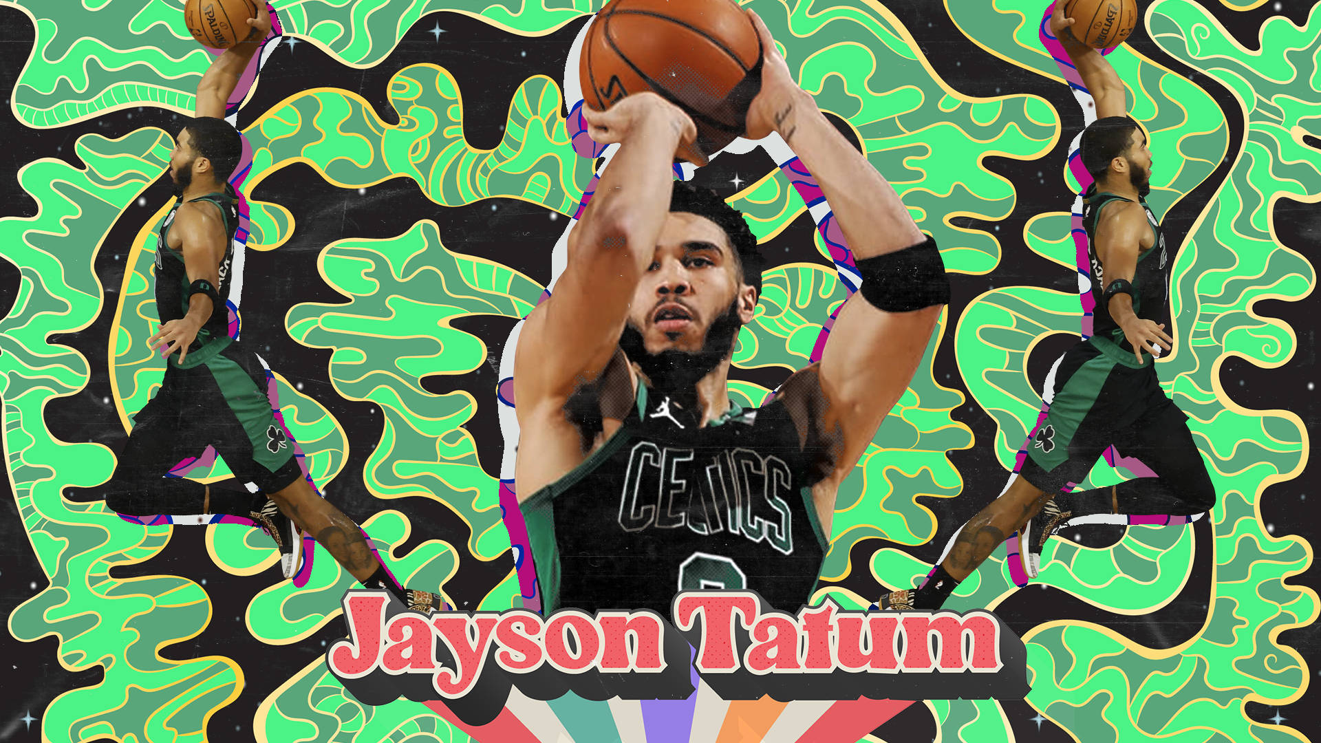 籃球運動員 Jayson Tatum 身穿塞爾特人球衣，在迷幻背景下投籃。