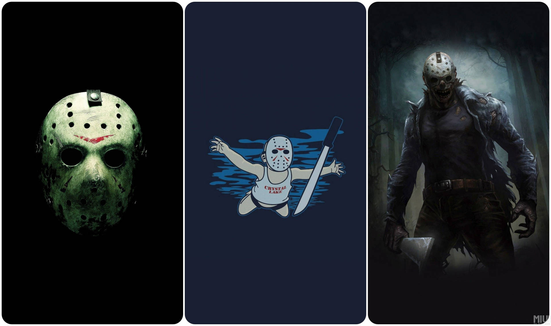 三個 Jason Voorhees 圖片：面具、嬰兒卡通和森林怪物。