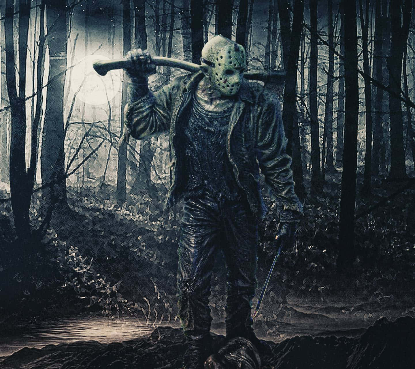 一個戴面具的殺手拿著斧頭，在滿月下站在黑暗的森林中。 — 傑森·沃赫斯 壁紙