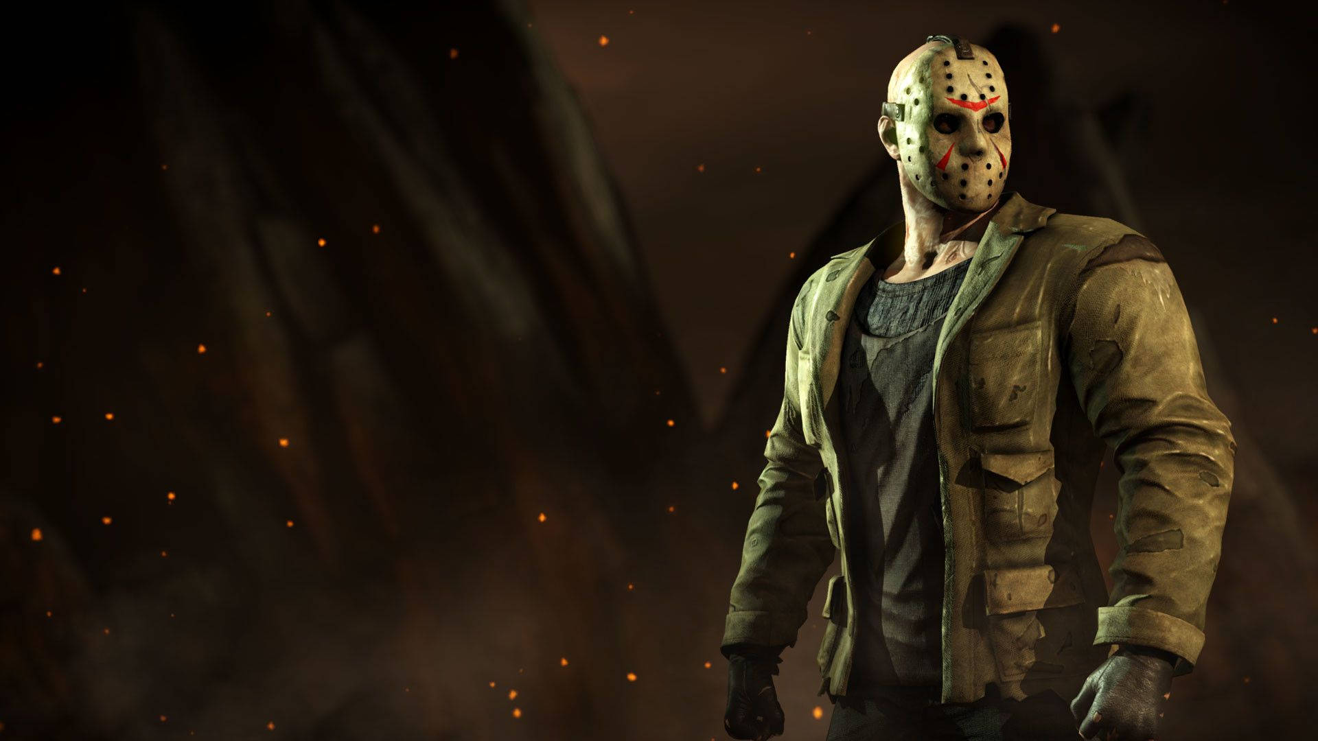 Jason Voorhees 在黑暗煙霧場景中與漂浮的餘燼。