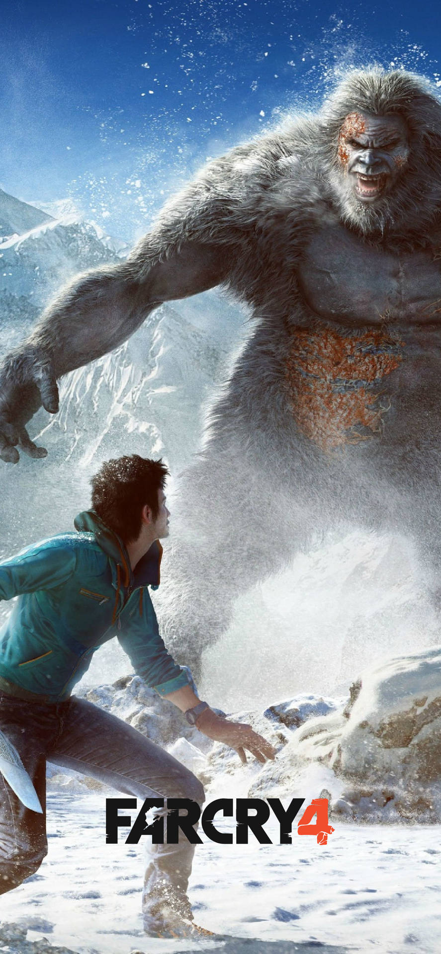 在《極地戰嚎4》的雪山場景中，一名男子躲避一隻巨大的憤怒雪人。