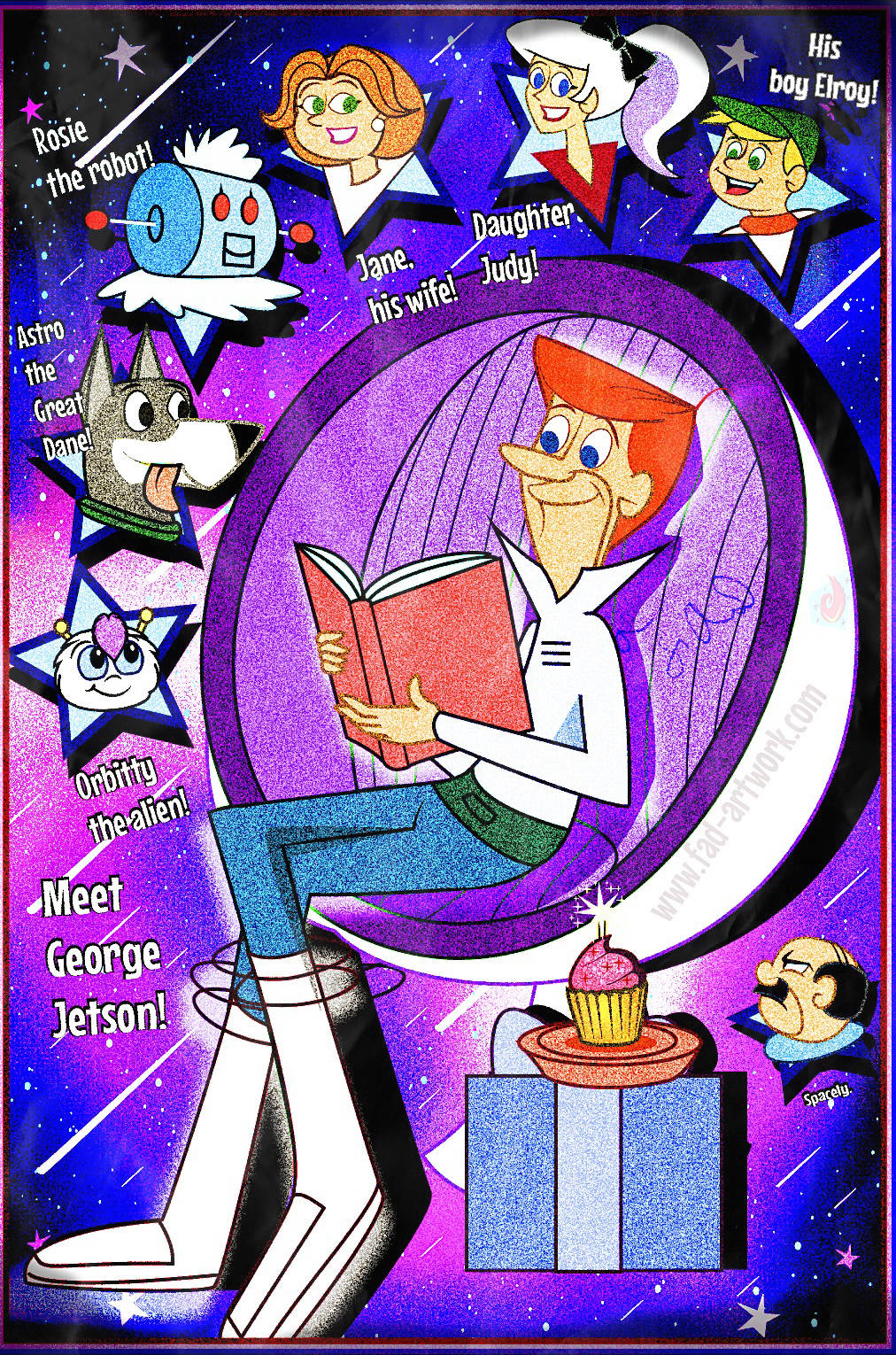《傑特森一家》粉絲藝術作品 壁紙 — George Jetson 喺一張未來風格嘅紫色椅子上睇書，被家人同寵物圍住，背景係星空宇宙。