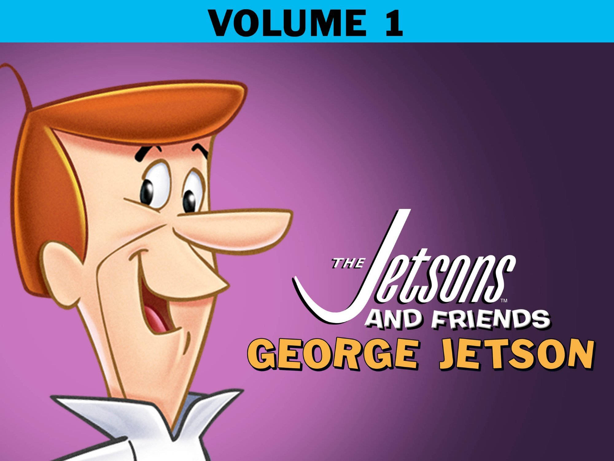 《傑特森一家與朋友》第一集海報 壁紙 — 佐治謝臣在紫色漸變背景上以經典卡通風格愉快地微笑，並帶有節目標題文字。