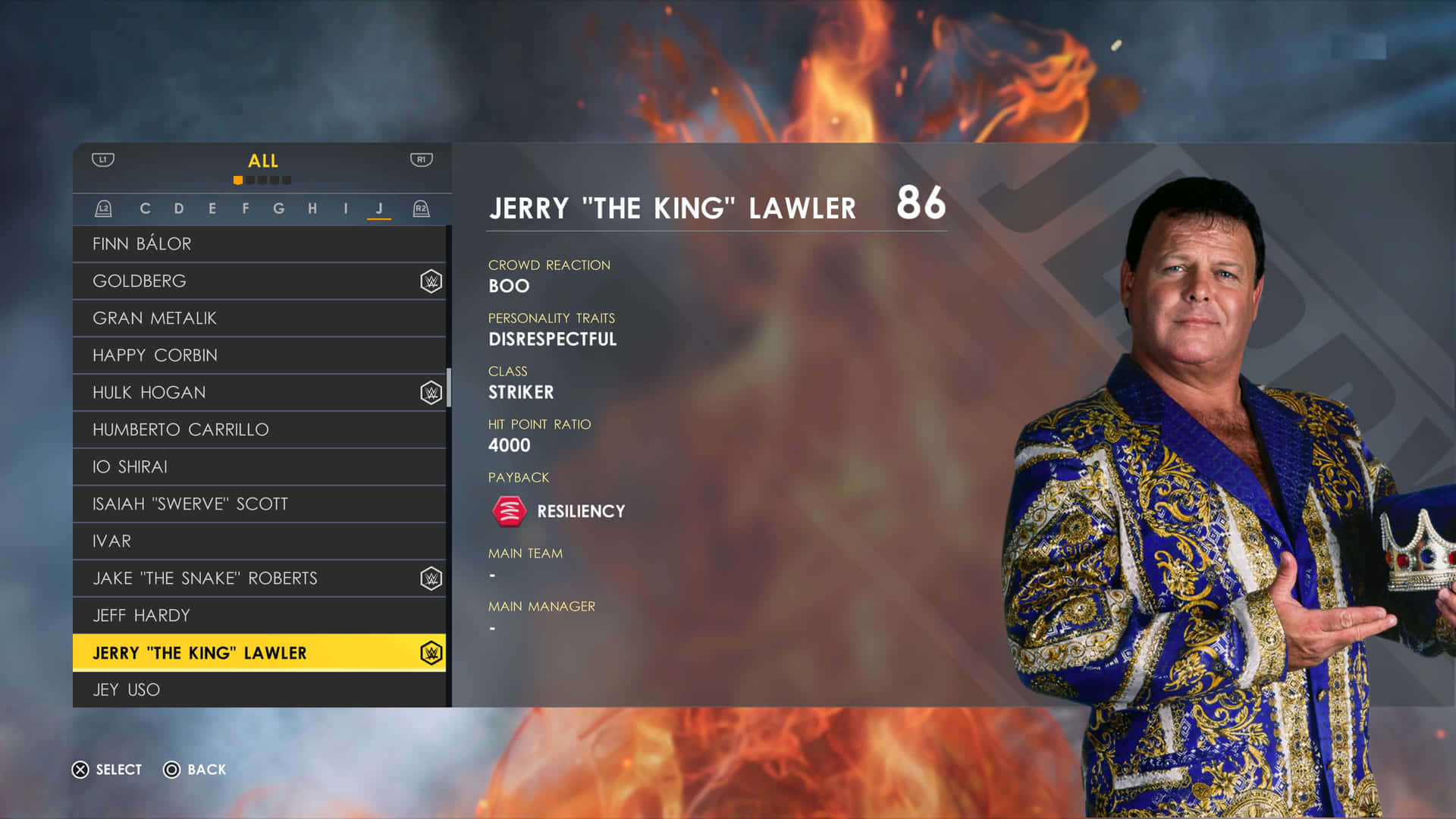 摔角手 Jerry 'The King' Lawler 在遊戲角色選單中，背景火熱。