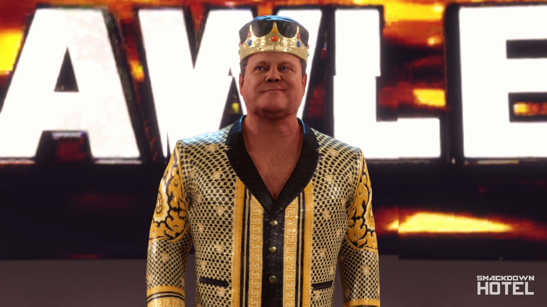 WWE摔角手Axle身穿金色和黑色外套，戴著皇冠和太陽眼鏡。