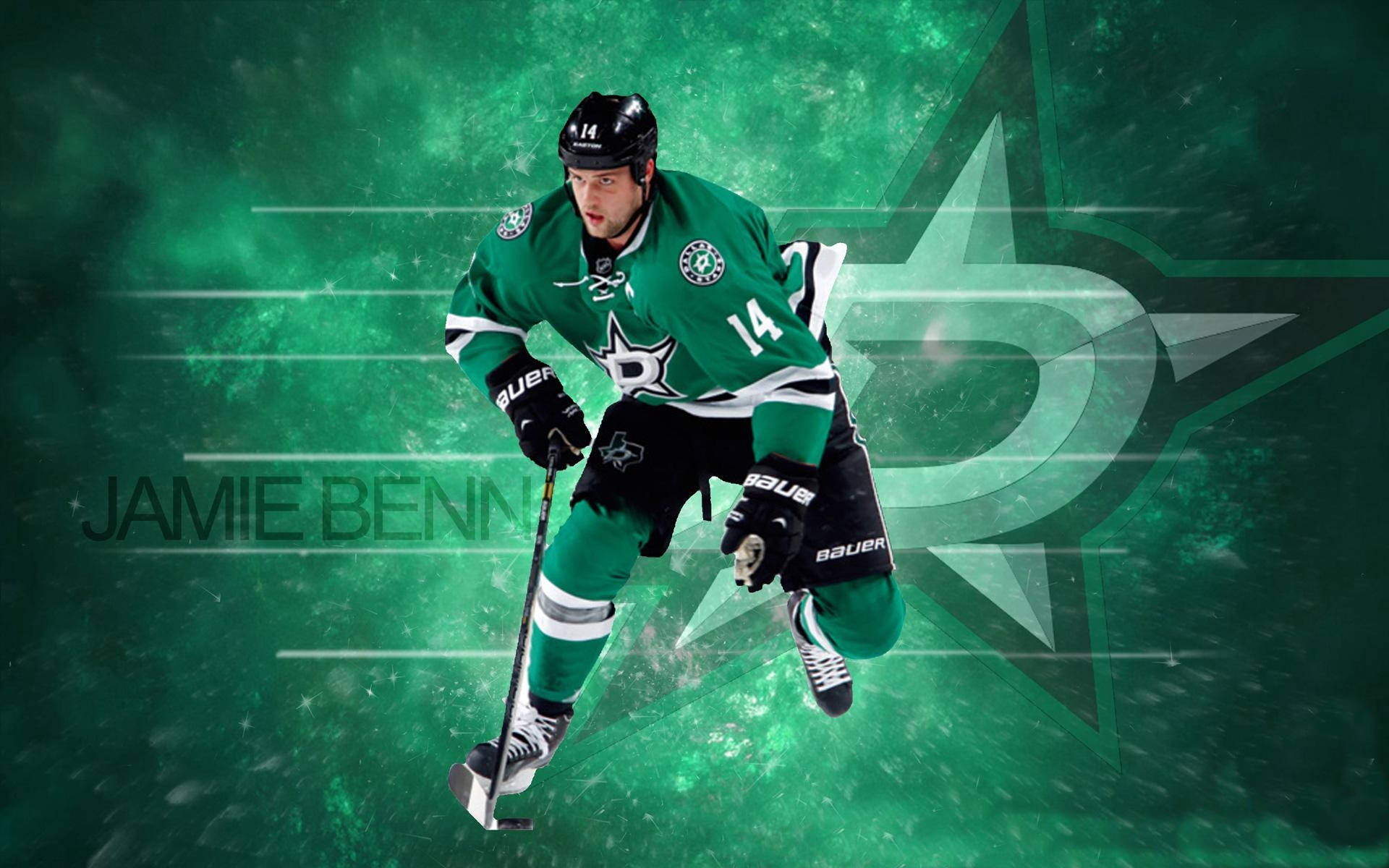 傑米·本恩 綠色海報 粉絲創作 壁紙 — 冰球運動員 Jamie Benn 身穿綠色達拉斯星隊球衣，在發光的綠色星星背景下動態滑冰。