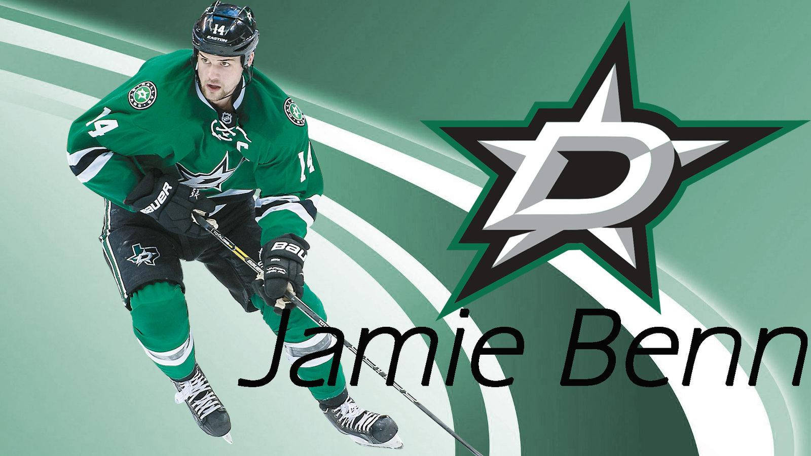 冰球運動員 Jamie Benn 身穿綠色達拉斯星隊制服，手持球桿滑行。 — 派大星 GIF 壁紙