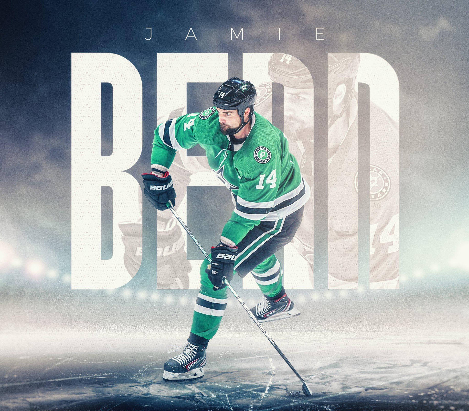 傑米·本恩冰寒海報 壁紙 — 冰球運動員 Jamie Benn 身穿綠色球衣14號，在冰上滑行，背後有戲劇性的燈光和大型風格化文字。