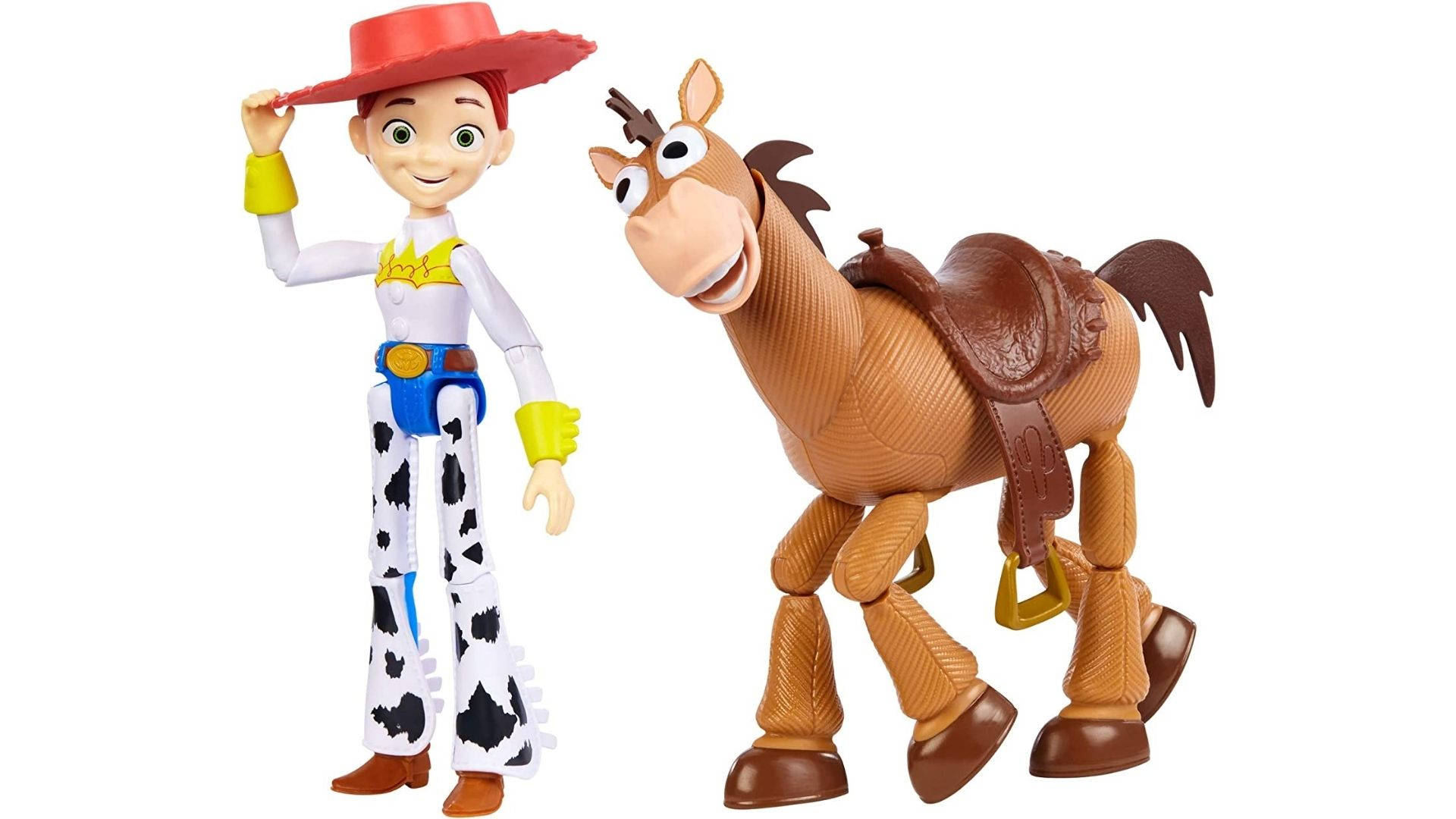 傑西與布萊斯《玩具總動員》 壁紙 — 反斗奇兵的 Jessie 和 Bullseye 玩具並排站在純白色背景前。