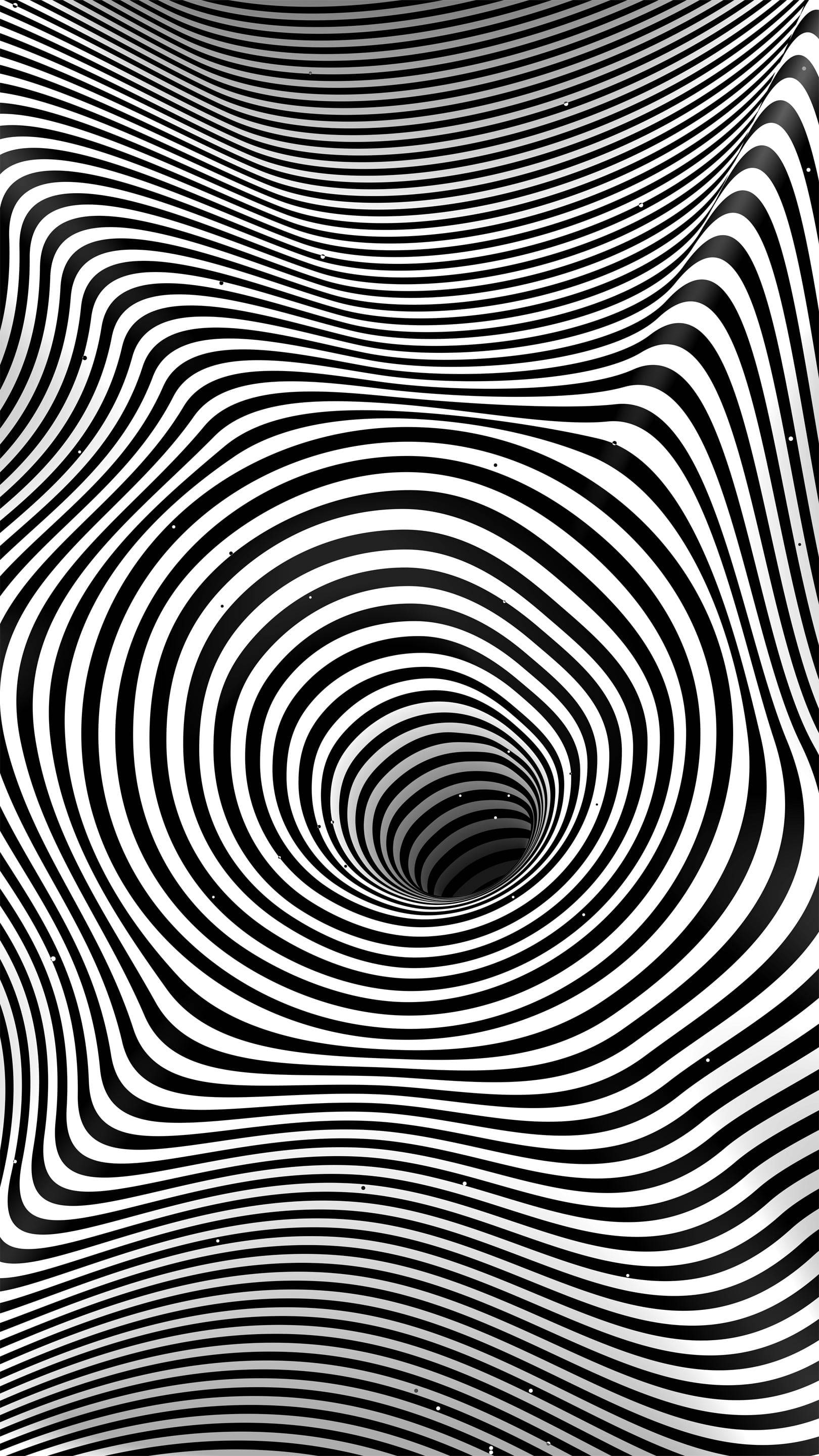 催眠圓圈黑洞 壁紙 — 一種催眠的黑白錯覺，由同心波浪條紋匯聚成深邃的隧道漩渦。