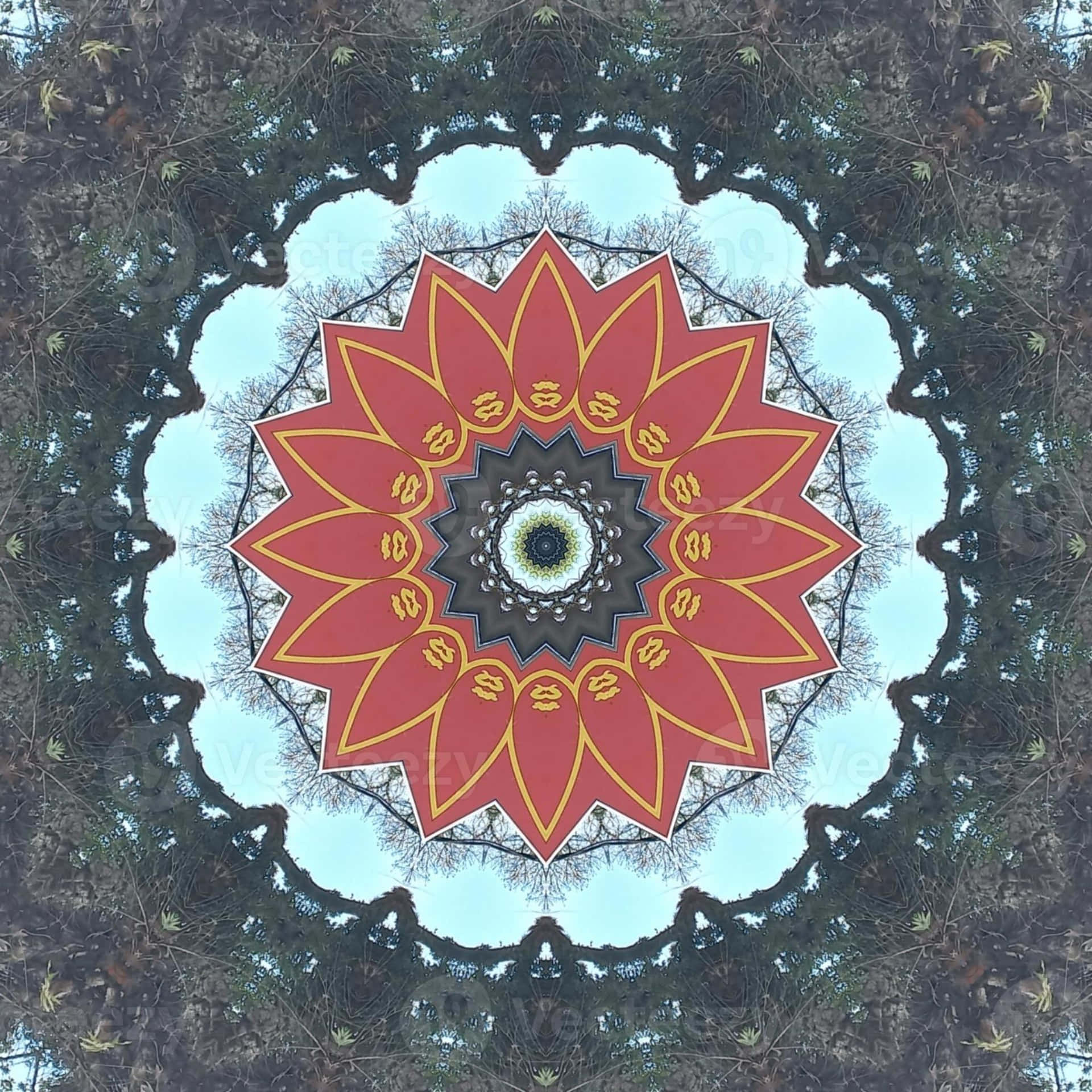 對稱的曼陀羅，帶有紅色花瓣和金色點綴，由鏡面樹木和天空框住。