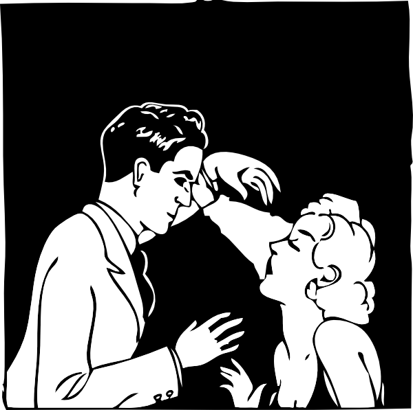 催眠誘導黑白插畫 壁紙 — 一幅黑白風格化的插圖，描繪一男一女在浪漫擁抱中雙手觸碰。