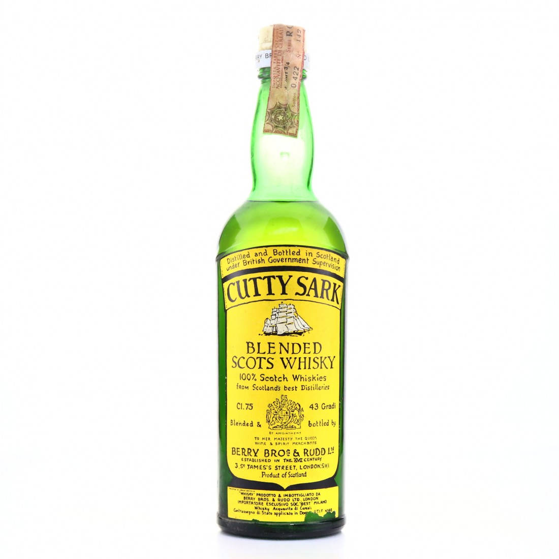 復古綠色Cutty Sark威士忌瓶，帶有黃色標籤和船標誌。