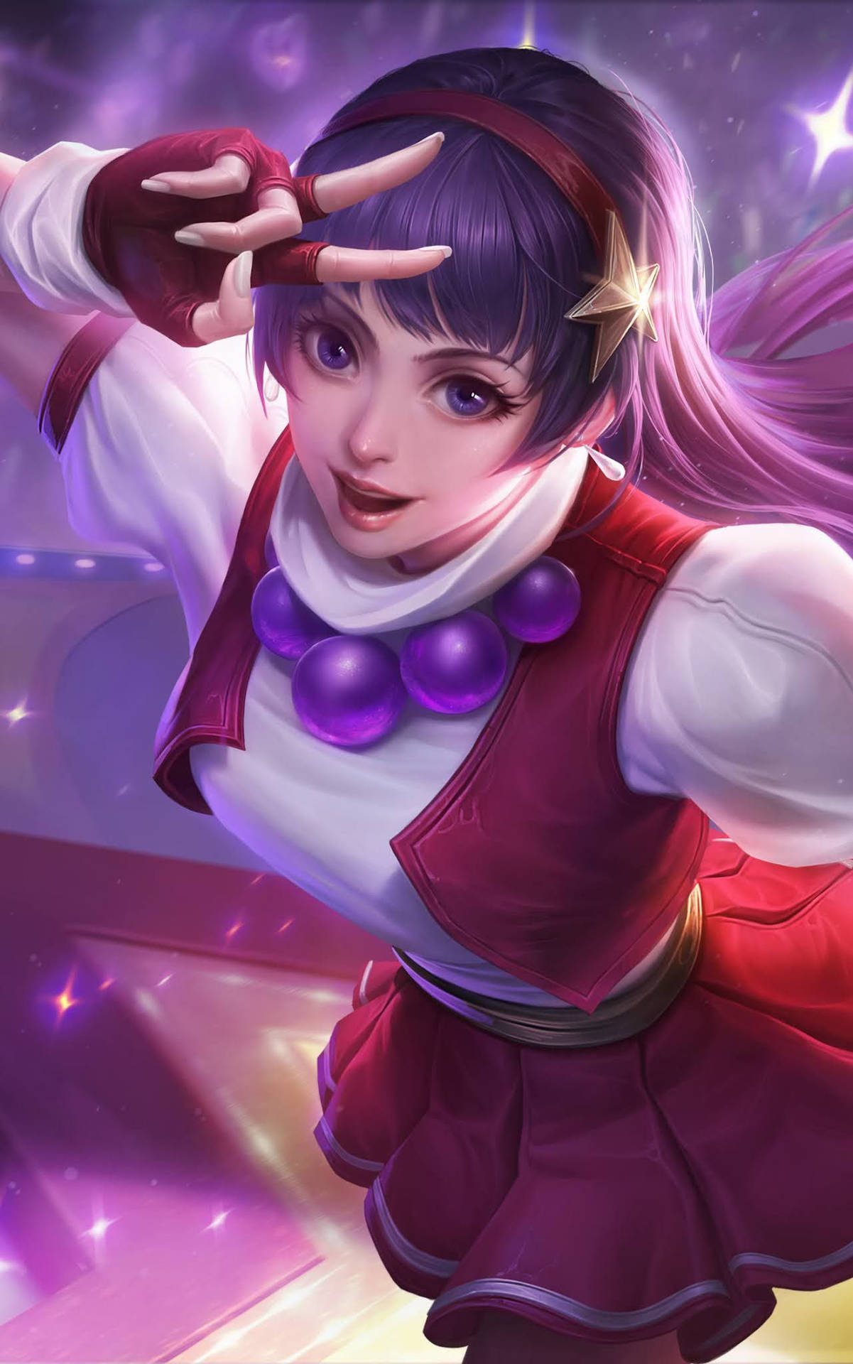 穿著紅色服裝的動漫女孩，帶著星星飾品在發光背景下擺姿勢。