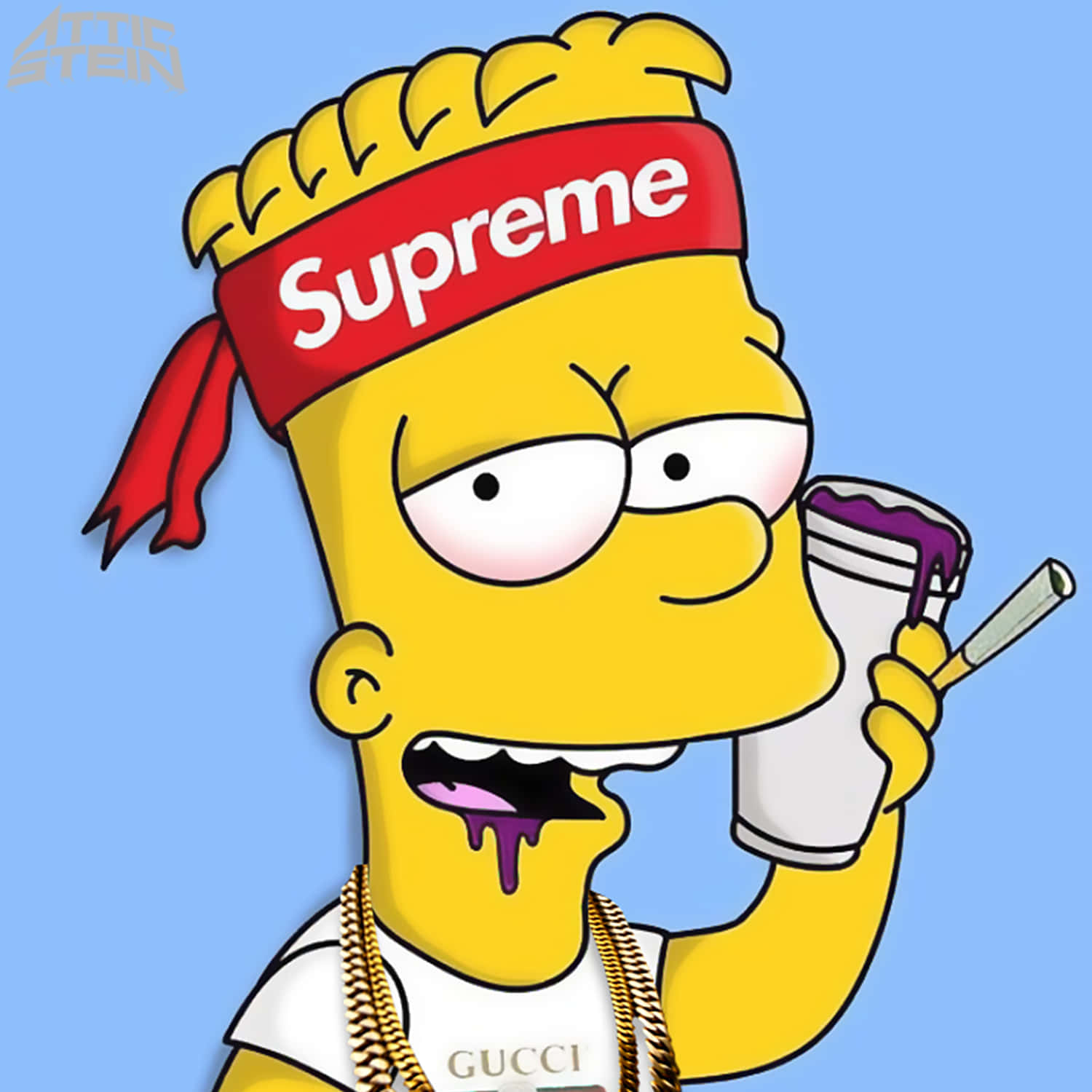 巴特·辛普森戴著Supreme頭巾和Gucci襯衫，從嘴裡滴下紫色液體。