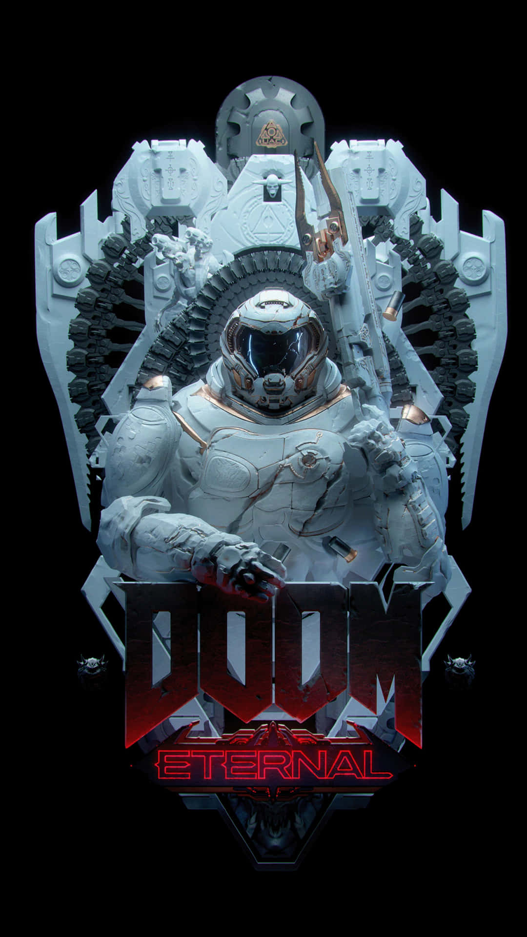 Doom Eternal遊戲標誌，帶有坐在機械王座上的裝甲戰士。