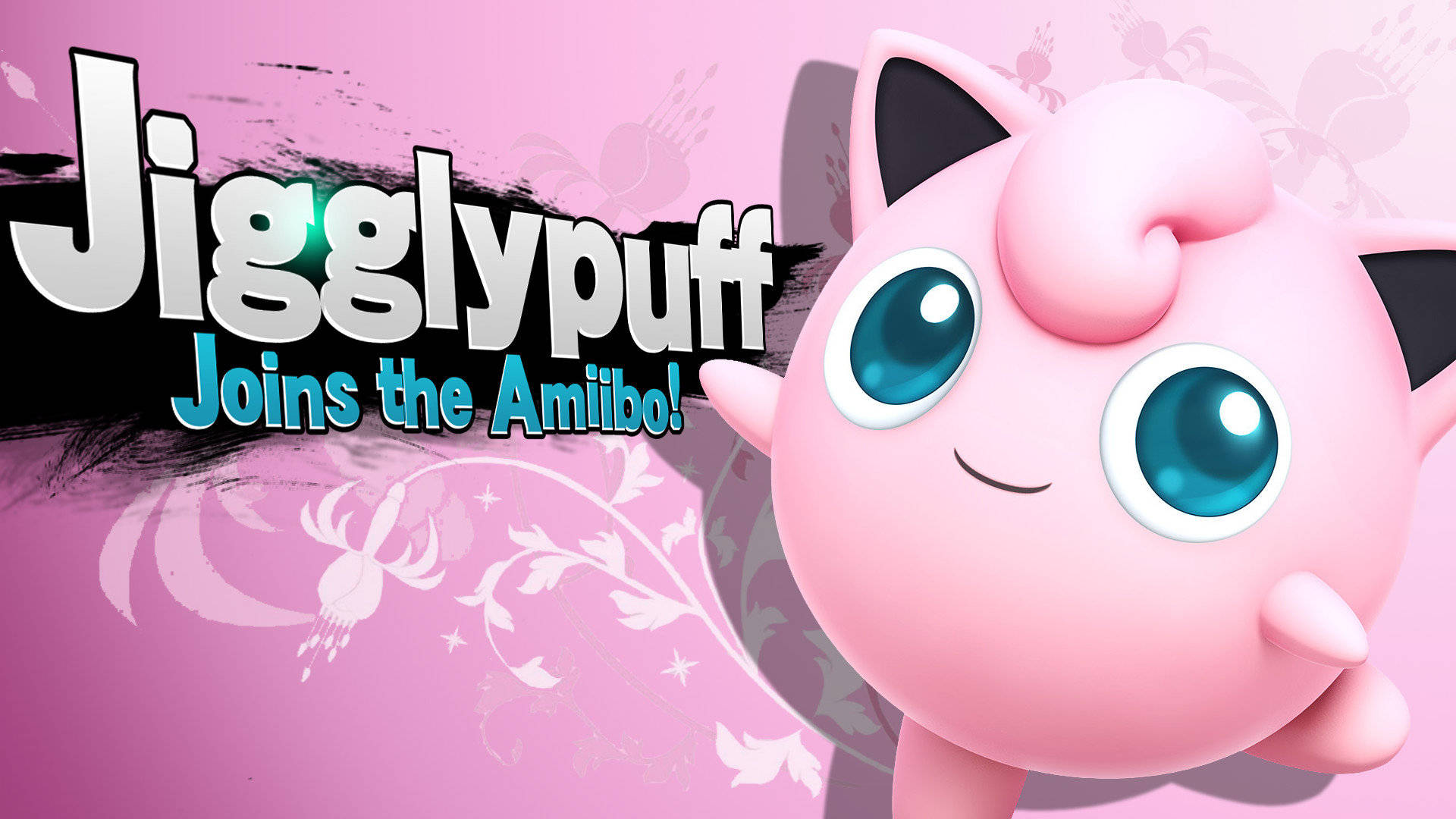 粉紅色Jigglypuff有大藍眼睛，喺充滿活力嘅粉紅色遊戲廣告中微笑。