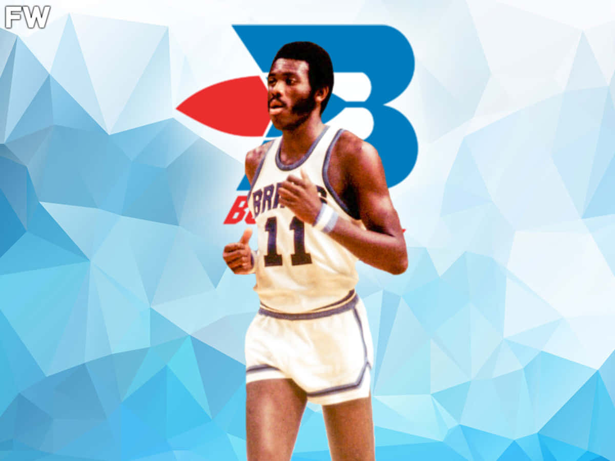 傳奇NBA布法羅勇士隊球員鮑勃·麥卡杜 壁紙 — 一位身穿復古白色球衣、號碼11的籃球運動員，自信地站在藍色幾何背景前，背景上有一個大型風格化的「B」標誌。