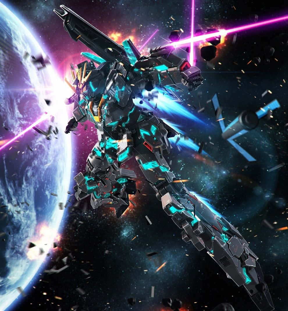 傳奇RX-0 獨角獸高達矗立於科幻場景中 壁紙 — 一架未來風格的機甲在太空與行星附近戰鬥，發出藍色和紫色的發光能量光束。