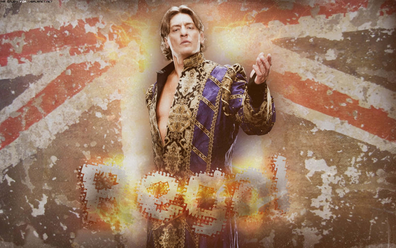 Chris Jericho 身穿皇室服裝，帶有熾熱發光的文字，背景是破舊的英國國旗。