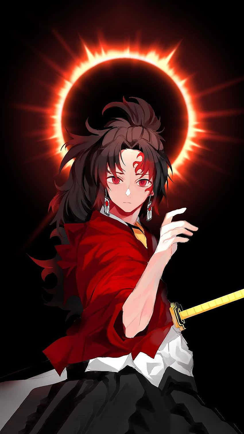 傳奇劍士——時透無一郎 壁紙 — 一位擁有紅色眼睛和火焰光環的動漫戰士，在黑暗背景前持劍蓄勢待發。