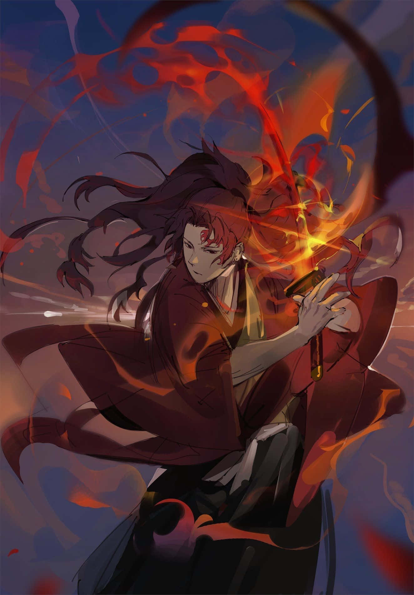 傳奇劍士「鬼滅之刃」—— 神之呼吸的創始者：時透無一郎 壁紙 — 一位紅髮動漫戰士身穿紅色長袍，在深藍色天空背景下，於旋轉的火焰中揮舞著發光的劍。