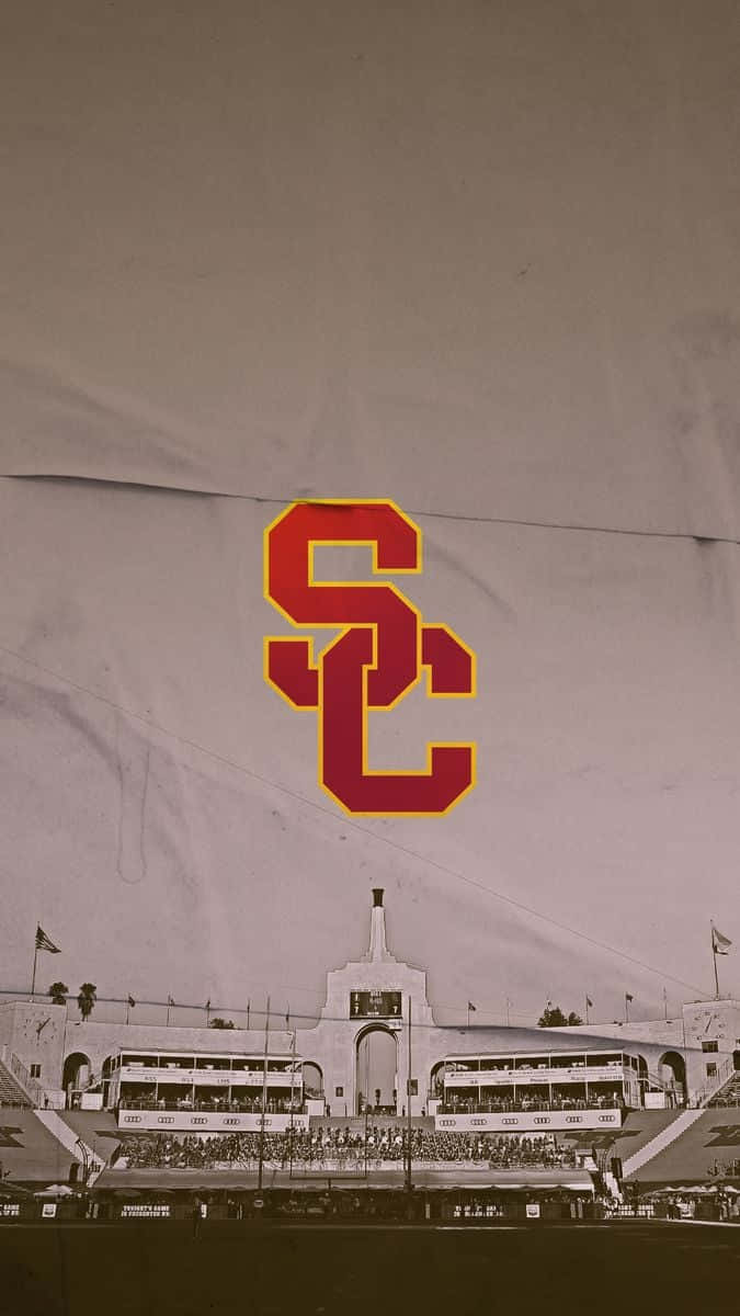 復古體育場照片上的 USC 標誌，帶有布料紋理覆蓋層。