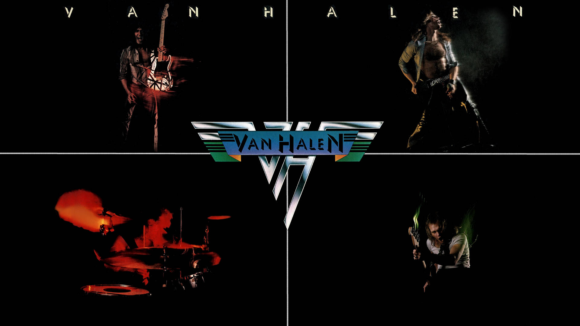 傳奇吉他手愛迪·范·海倫樂隊拼貼 壁紙 — Van Halen 樂隊成員在黑暗的舞台燈光下戲劇性地擺姿勢，配以火紅色的鼓組和發光的綠色結他裝飾。
