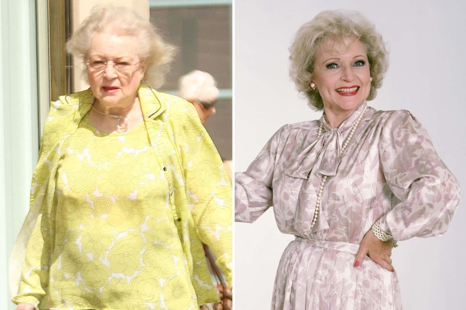 傳奇女演員貝蒂·懷特照亮熒幕 壁紙 — 女演員Betty White的雙重肖像，兩個對比時刻：一個是穿著黃色圖案外套的隨意照，另一個是穿著薰衣草色連衣裙戴著珍珠微笑擺姿勢的照片。