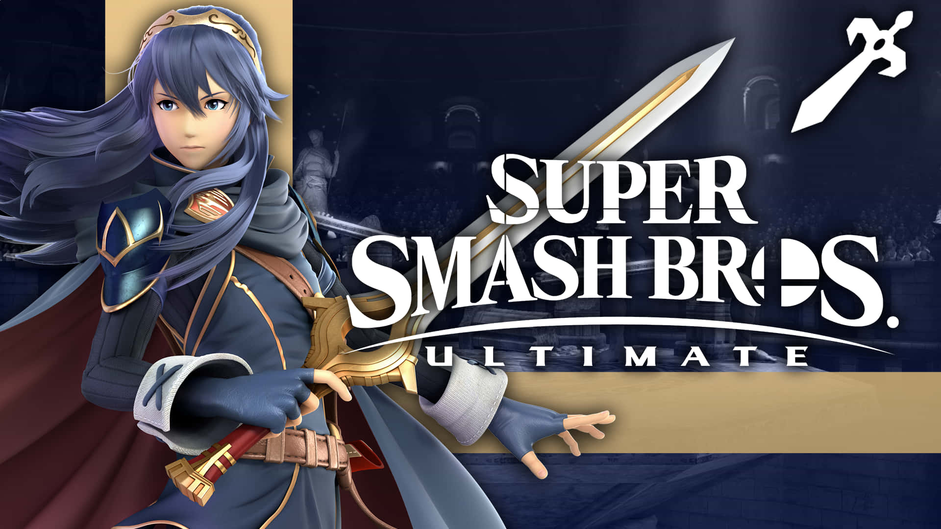 Super Smash Bros Ultimate 遊戲標誌中的持劍動漫戰士。