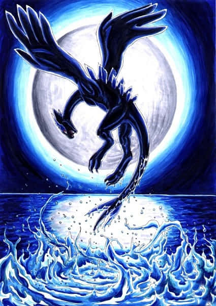 一條藍色的龍在明亮的滿月下從水中躍出。