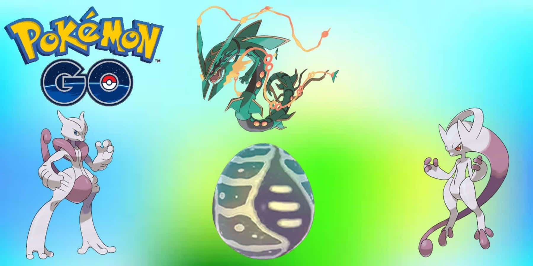 Pokémon GO 角色超夢夢、超夢夢三和一個精靈球蛋，背景為漸變色。