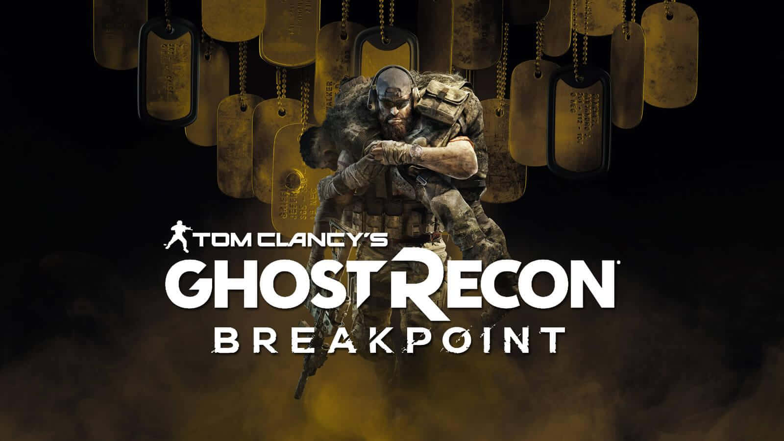 一名身穿戰鬥裝備的士兵站在懸掛的狗牌下方，帶有《Ghost Recon Breakpoint》標題。